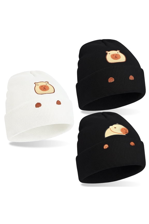 3Pcs Toboggan Capybara Hat Beanie for Women, Funny Winter Hat, Capybara Embroidered Lover Christmas Birthday Decoration Animal Gifts