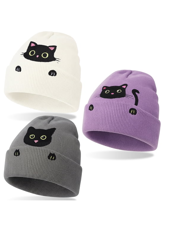 3Pcs Toboggan Cat Beanie Winter Hats for Women, Cute Cat Beanie Womens Beanie Cat Hat, Cat Gifts for Cat Lovers, Teen Girl Gifts, Valentines Day Gifts for Her