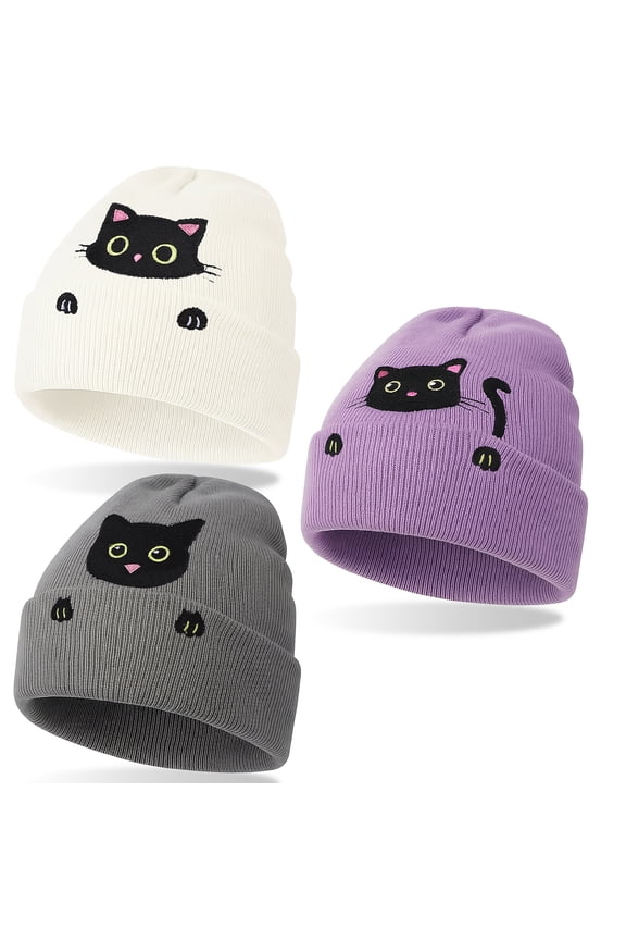 3Pcs Toboggan Cat Beanie Winter Hats for Women, Cute Cat Beanie Womens Beanie Cat Hat, Cat Gifts for Cat Lovers, Teen Girl Gifts, Valentines Day Gifts for Her