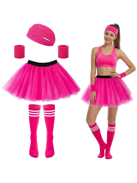 4 Pack 80s Women Tutu Costume Accessories, 3 Layers Rose Red Tutu Skirt, Headband, Wrist Brace, Long Socks, 80s Outfit for Women Costume Theme Party Dress Up