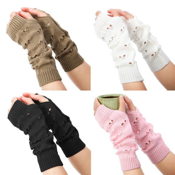 Bocaoying 4-Pack Arm Warmers for Women, Cat Paw Cutout Fingerless Sleeves, Soft Knit Grunge Fairycore Y2K Accessories (Black, Khaki, Pink, White)