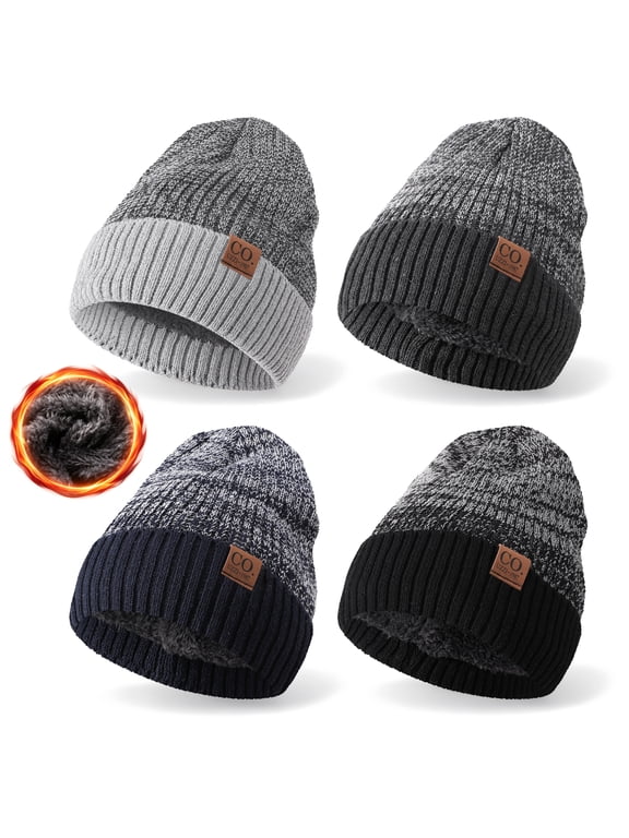 4 Pack Beanie Hats for Men Women Knit Winter Hat, Warm Stocking Cap, Fleece Lined Beanie Cuffed Thermal Skull Cap for Ski