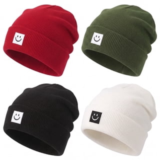 Bocaoying 4 Pack Beanie Hats for Men Women, Unisex Knitted Hat with Smile Face, Soft Warm Winter Thick Cuffed Knit Hat for Gifts