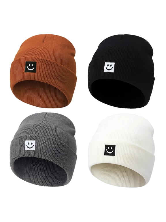 4 Pack Beanie Hats for Men Women, Unisex Knitted Hat with Smile Face, Soft Warm Winter Thick Cuffed Knit Hat for Gifts