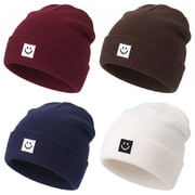 4 Pack Beanie Hats for Men Women, Unisex Knitted Hat with Smile Face, Soft Warm Winter Thick Cuffed Knit Hat for Gifts