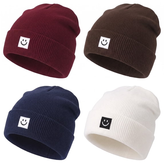 Bocaoying 4 Pack Beanie Hats for Men Women, Unisex Knitted Hat with Smile Face, Soft Warm Winter Thick Cuffed Knit Hat for Gifts