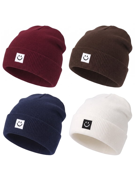 4 Pack Beanie Hats for Men Women, Unisex Knitted Hat with Smile Face, Soft Warm Winter Thick Cuffed Knit Hat for Gifts