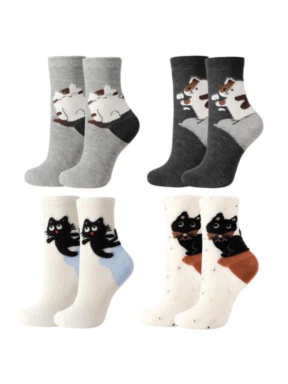 4 Pack Cat Socks, Cute Animal Crew Socks, Soft Everyday Socks (White, Charcoal, Gray, Polka Dot), Symmetrical Kitty Pattern Cute Gifts for Women US Size 5.5-8