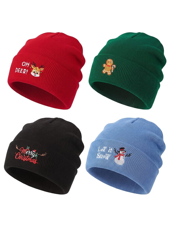 4 Pack Christmas Beanie Hats, Winter Cuffed Knit Hat, Winter Knitted Beanie Hat, Xmas Warm Cold Weather Caps for Men Women Christmas Party Gift
