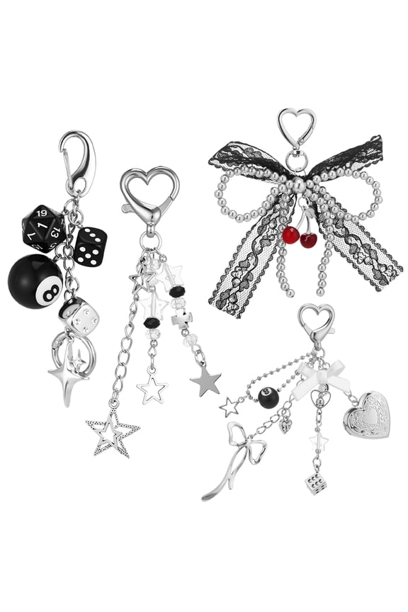 4 Pack Cute Keychains Women Men, Aesthetic Bag Charms with Dice Star Bow Heart Bow Pendant, Alloy Purse Charms Y2k Accessorie Backpack Charms