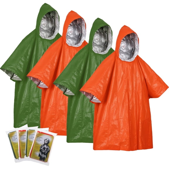 Bocaoying 4 Pack Reusable Rain Poncho for Adults, Hooded & Mylar Blanket Liner, Waterproof Wind-Resistant for Outdoor, Camping, Survival, Emergencies