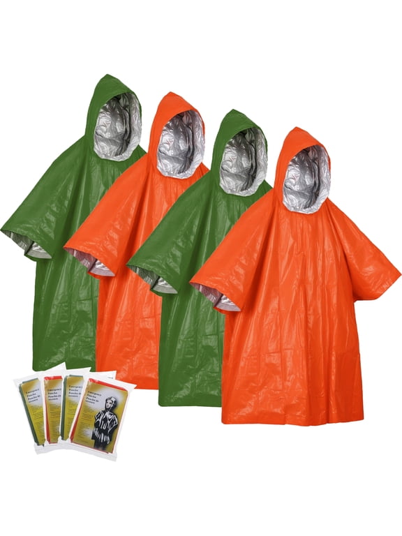 4 Pack Reusable Rain Poncho for Adults, Hooded & Mylar Blanket Liner, Waterproof Wind-Resistant for Outdoor, Camping, Survival, Emergencies
