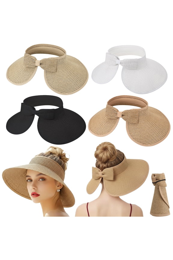 4 Pack Foldable Sun Hat for Women, Wide Brim UPF Straw Hat with Ponytail Hole & Bow, Packable Floppy Beach Hat for Summer Travel Beach Pool