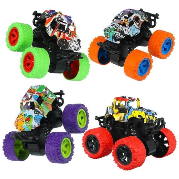 Bocaoying 4 Pack Friction Powered Monster Trucks Toys,Push and Go Friction Powered Cars Vehicles Toys,Inertia Car Toy Set Stunt Toy Vehicles,Pull Back Vehicle Set for Boys Girls Aged 3 and Above