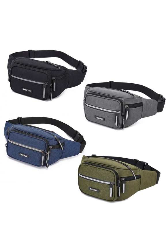4 Pack Multi-Pockets Fanny Packs for Men Women, Crossbody Bag Waist Bag with 6-Zipper Pockets and Adjustable Straps, Water Repellent Bum Bag for Outdoors Sports Travel Hiking Running