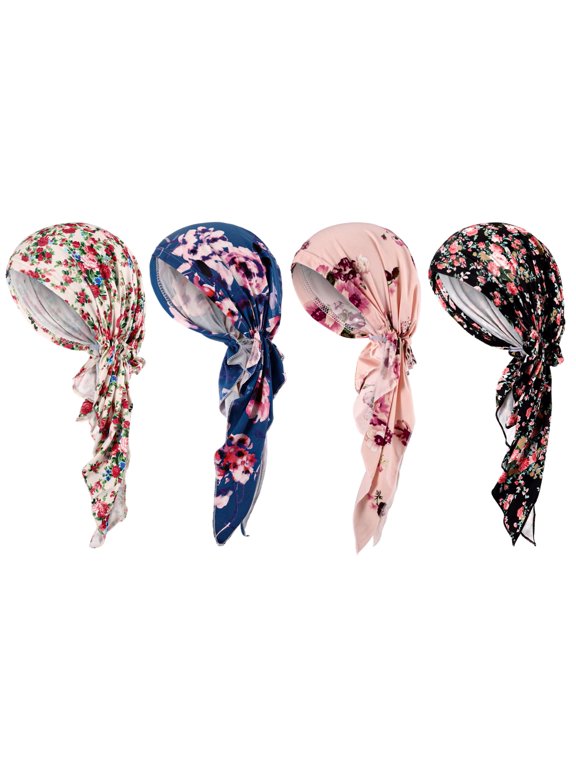 4-Pack Chemo Headwear for Women, Pre Tied Cancer Caps Stretch Hat Turban Sleep Headwraps for Patient Hair Loss