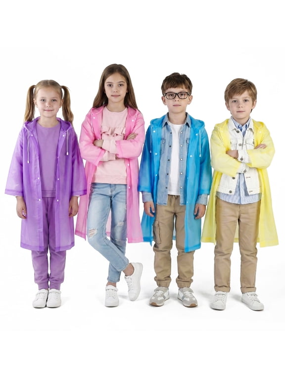 4 Pack Reusable Rain Ponchos for Kids, Waterproof Raincoats with Hood Drawstring, Thickened Tearproof Emergency Rain Gear for Boys Girls, Unisex, Foldable, Multicolor, One Size