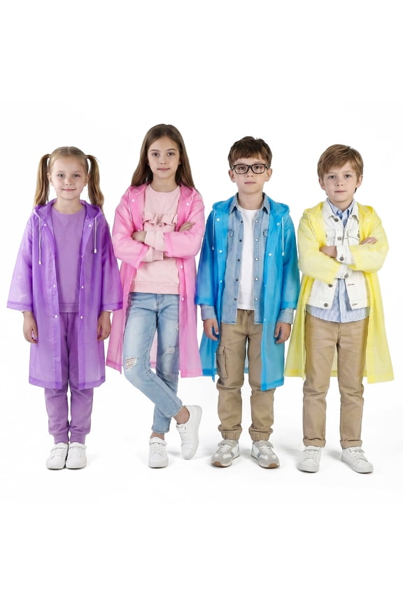 4 Pack Reusable Rain Ponchos for Kids, Waterproof Raincoats with Hood Drawstring, Thickened Tearproof Emergency Rain Gear for Boys Girls, Unisex, Foldable, Multicolor, One Size