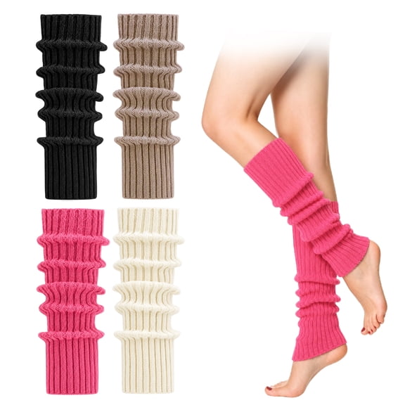 Bocaoying 4 Pack Rib Knit Leg Warmers for Women, Acrylic Leg Warmer Socks with Ruffle, Soft Stretchy Ankle Warmers for Boots, Y2K Striped Style Leg Covers for Outside, Black/White/Khaki/Pink