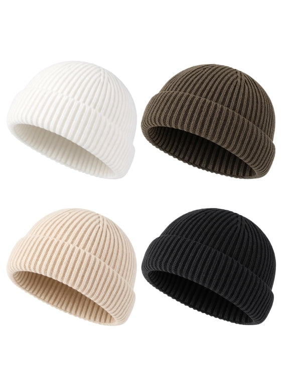 4 Pack Ribbed Knit Toboggan Beanie Hat for Men Women, Thick Knit Fisherman Hat, Thermal Windproof Winter Trawler Cap for Skiing, Hiking, Biking, One Size, Black/Beige/Coffee/Apricot