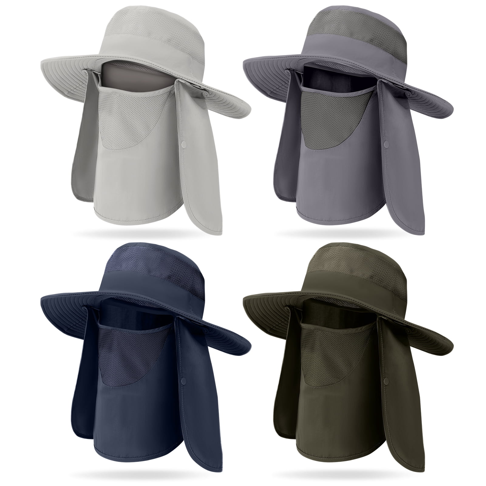 Bocaoying 4 Pack Summer Sun Hat for Men and Women, UPF 50+ Outdoor Fishing Hat with Detachable Face Mask & Neck Cover, Breathable Windproof Wide Brim Bucket Hat for Hiking Cycling Camping