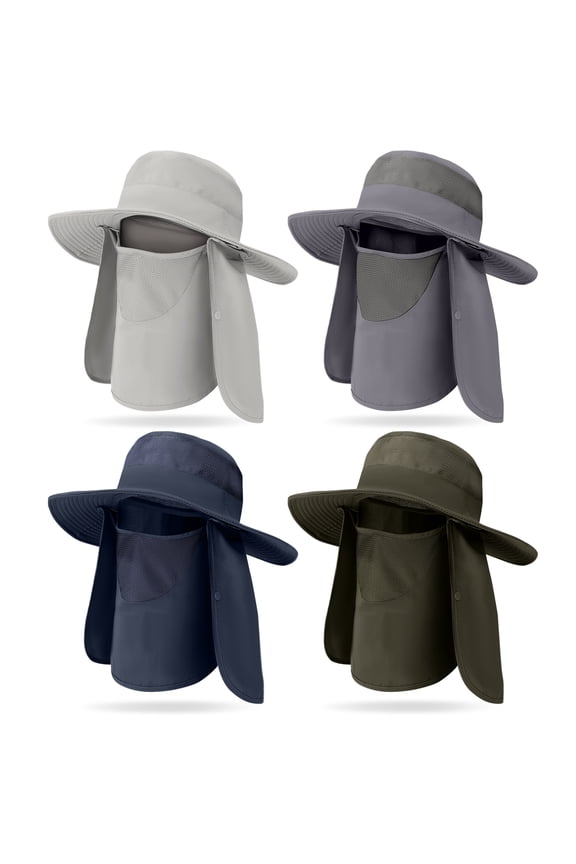 4 Pack Summer Sun Hat for Men and Women, UPF 50+ Outdoor Fishing Hat with Detachable Face Mask & Neck Cover, Breathable Windproof Wide Brim Bucket Hat for Hiking Cycling Camping