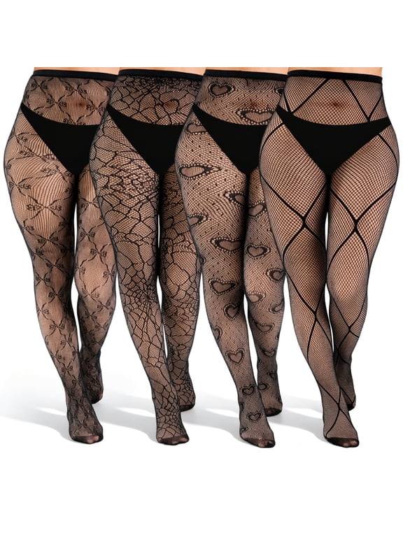 4 Pack Womens High Waist Plus Size Fishnet Tights - Sexy Patterned Stockings with Bow, Heart, Diamond & Spider Web Designs, Stretchy Sheer Pantyhose for Party & Daily Wear