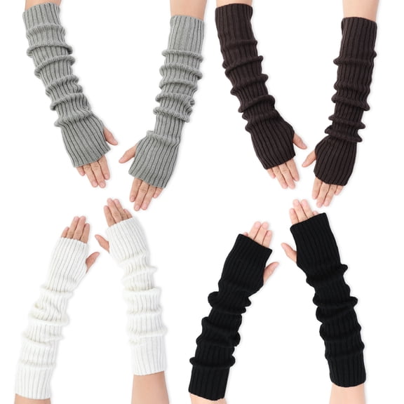 Bocaoying 4-Pack Women's Long Knit Arm Warmers, 18 inch Fingerless Winter Gloves, Cozy Stretchy Acrylic Arm Sleeves for Cold Weather (Brown, Black, Gray, White)