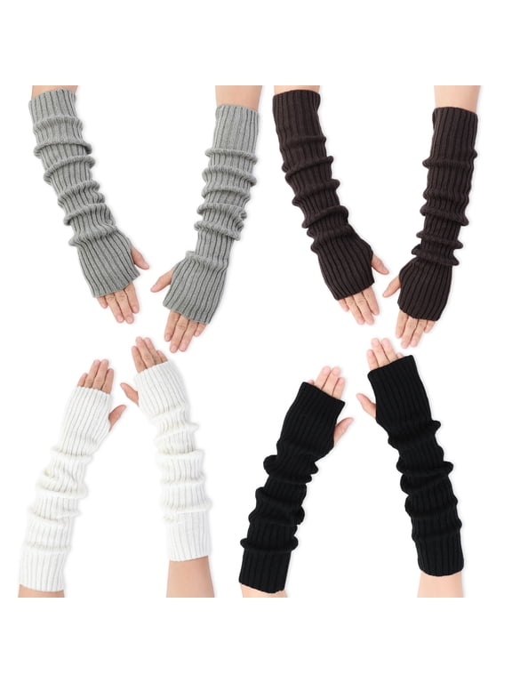 4-Pack Women's Long Knit Arm Warmers, 18 inch Fingerless Winter Gloves, Cozy Stretchy Acrylic Arm Sleeves for Cold Weather (Brown, Black, Gray, White)