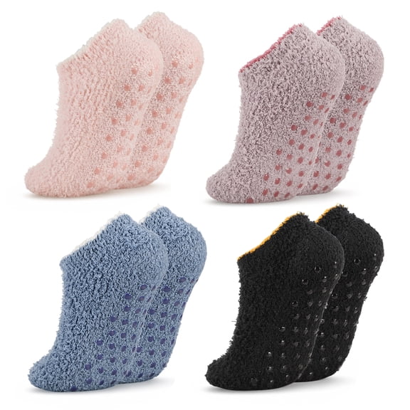 Bocaoying 4-Pack Women's Non-Slip Slipper Socks with Grippers, Cozy Fuzzy Grippy Socks for Home, Hospital & Travel, US Size 6-8