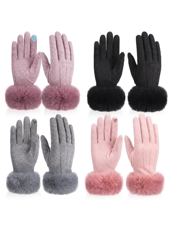 4-Pack Women's Thickened Winter Touchscreen Gloves, Fleece Lined Thermal Gloves with Faux Fur Cuff, Soft Windproof Cold Weather Gloves for for Christmas Gifts