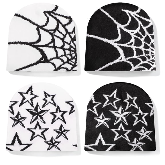 Bocaoying 4 Pack Y2K Pattern Beanie Hats - Gothic Knit Caps with Spider Web & Star Designs, Unisex Streetwear Skullies for Outdoor, Halloween & Daily Wear