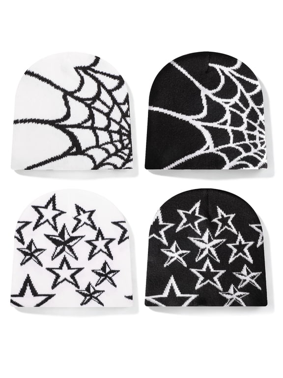 4 Pack Y2K Pattern Beanie Hats - Gothic Knit Caps with Spider Web & Star Designs, Unisex Streetwear Skullies for Outdoor, Halloween & Daily Wear