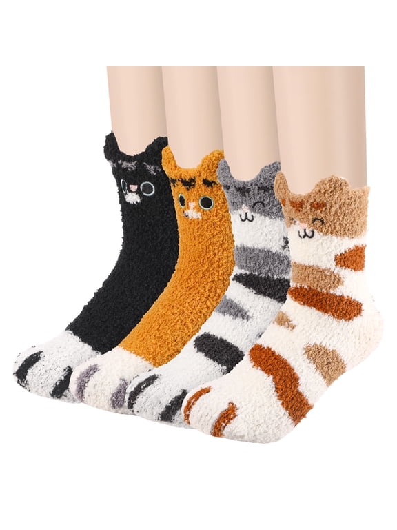 4 Pair Fuzzy Cat Claw Socks for Women, Soft Coral Fleece Paw Socks, Cuffs with Cat Ears, Embroidered Cat Socks for Indoor Sleep, Relaxation, Winter Gift, Size 6.5-9, Black/Yellow/Khaki/Grey