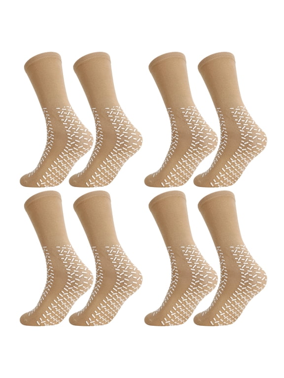 4 Pairs Anti-Slip Hospital Socks, Double-Sided Grip Crew Socks for Men & Women, Non-Skid Ankle Socks for Workout, Yoga, Hospital, Home, Elderly Safety, Nursing Home, Beige, Size 7-12
