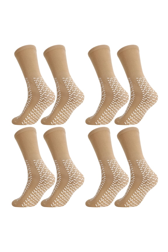 4 Pairs Anti-Slip Hospital Socks, Double-Sided Grip Crew Socks for Men & Women, Non-Skid Ankle Socks for Workout, Yoga, Hospital, Home, Elderly Safety, Nursing Home, Beige, Size 7-12