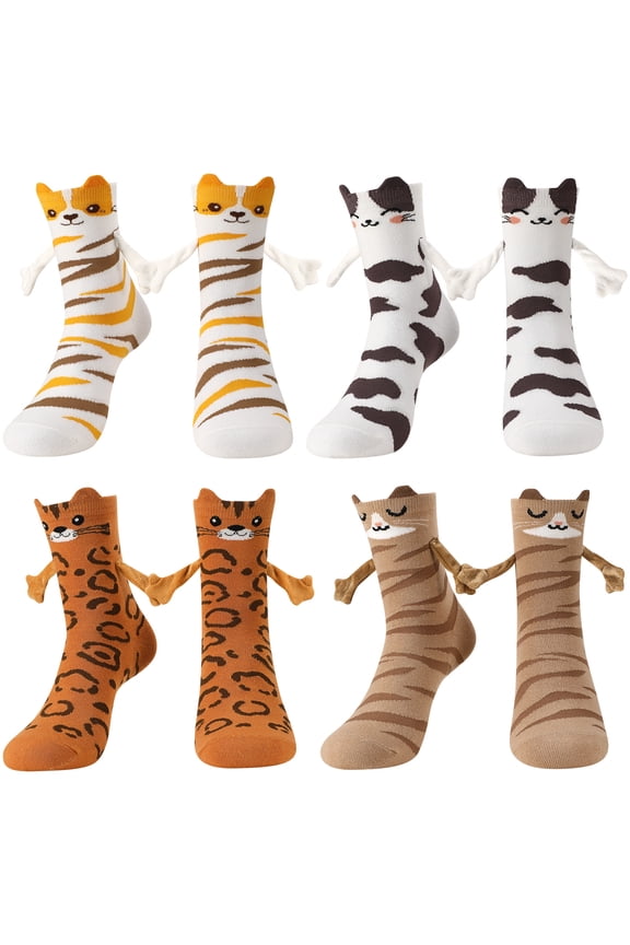 4 Pairs Cat Magnetic Holding Hands Socks, Cute Funny Holding Hands Socks, Novelty Cat Socks Perfect for Couples, Family, Parties, and Cat Lovers Gift US 5-8.5
