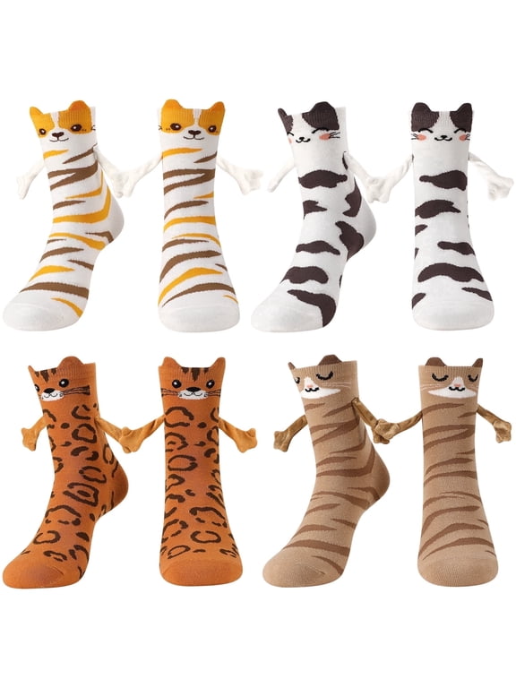 4 Pairs Crazy Silly Cat Magnetic Socks - Funny Kitten Novelty Crew Socks, Cute Gifts for Cat Lovers Women US 5-8.5