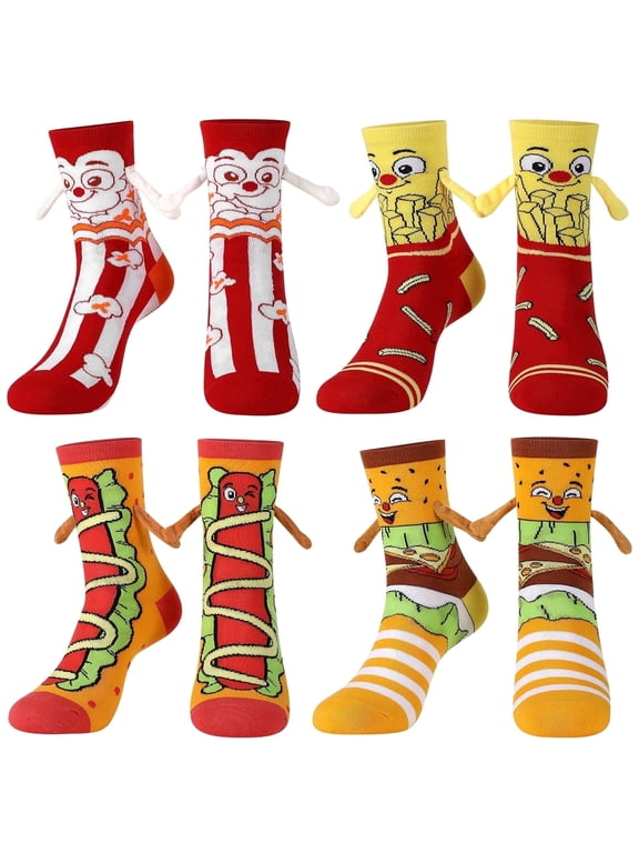 4 Pairs Crazy Silly Magnetic Food Socks 4 Pack - Funny Fast Food Novelty Crew Socks Set, Cute Gag Gifts for Food Lovers Men Women (US 5-8.5)