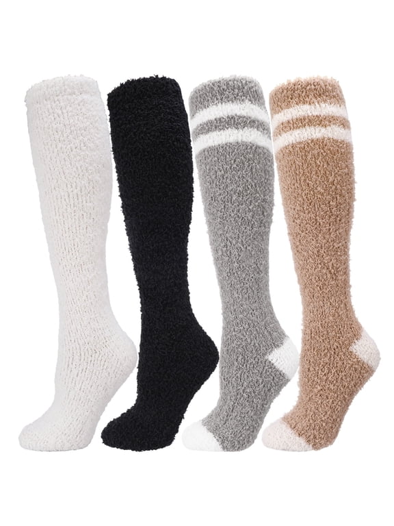 4 Pairs Fuzzy Socks for Women, Soft Warm Fluffy Knee High Socks, Long Winter Plush Coral Fleece Striped Slipper Socks for Home Casual Sleeping Birthday Gifts