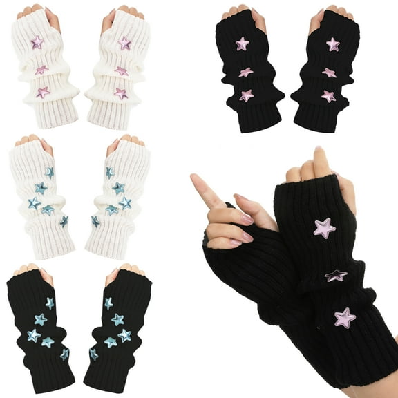 Bocaoying 4 Pairs Kawaii Arm Warmers, Cute Y2k Japanese Style Arm Warmers, Half Finger Knitted Arm Sleeves, Lolita Fingerless Mittens Thumb Hole Gloves (Black, White)