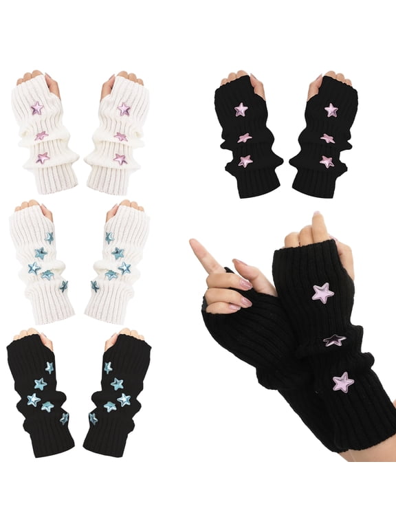 4 Pairs Kawaii Arm Warmers, Cute Y2k Japanese Style Arm Warmers, Half Finger Knitted Arm Sleeves, Fingerless Mittens Thumb Hole Gloves (Black, White)