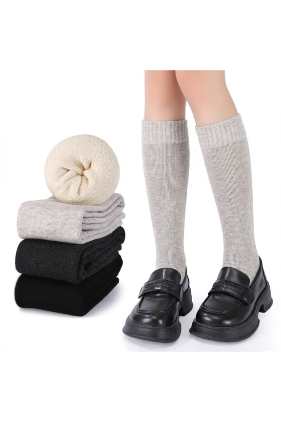 4 Pairs Long Boot Socks for Women, Lined Slouch Knee High Socks, Winter Calf Socks for Outside and Home, One Size 6-10, Dark Grey/Black/Khaki/Beige