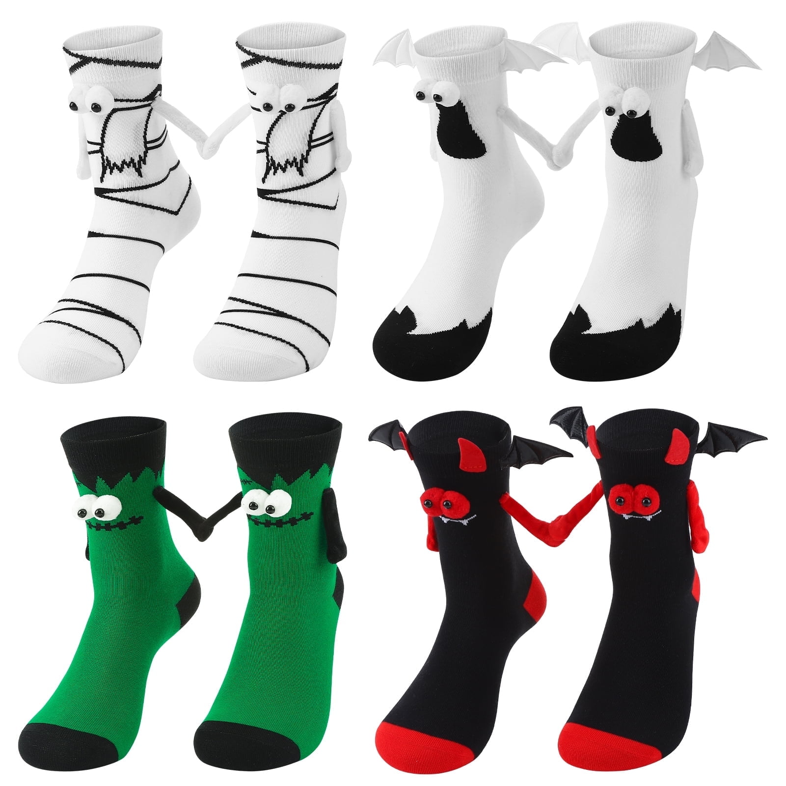 BOCAOYING 4 Pairs Magnetic Halloween Socks for Women, Novelty Holding Hands Socks, Funny Hand in Hand Spooky Ghost Socks, Cute Couple Sock Gifts for Women Halloween Christmas (US Size 7-10)