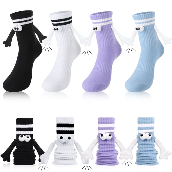 Bocaoying 4 Pairs Magnetic Holding Hands Socks, Funny Couple Novelty Socks for Women Men, Cute Mid-Calf Crew Socks with Creative 3D Eyes & Hands Design Interactive Gifts