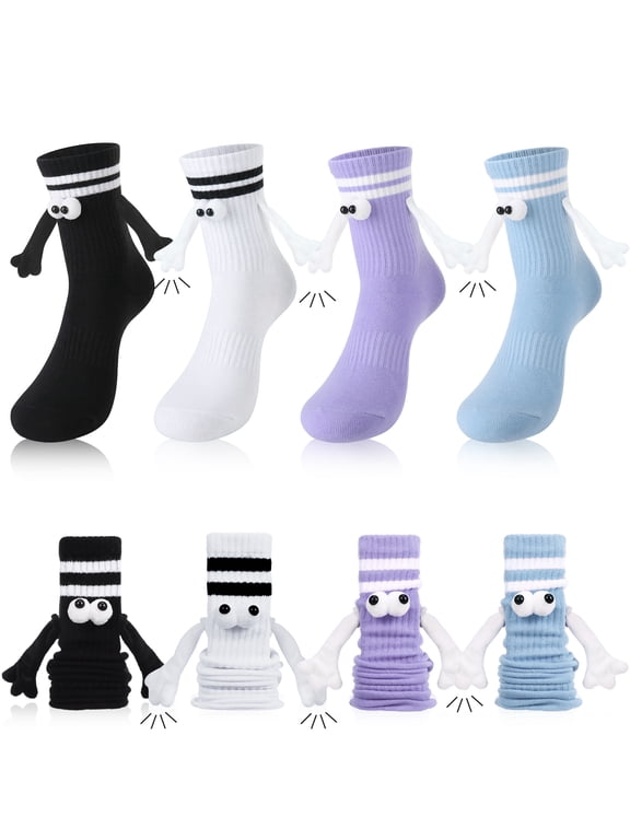4 Pairs Magnetic Holding Hands Socks, Funny Couple Novelty Socks for Women Men, Cute Mid-Calf Crew Socks with Creative 3D Eyes & Hands Design Interactive Gifts