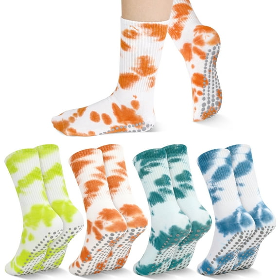 Bocaoying 4 Pairs Women's Non Slip Grip Socks - Secure Non-Skid for Yoga, Pilates, Barre, Hospital, Tie-Dye Crew Socks - Fits US Size 6-9