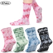 Bocaoying 4 Pairs Women's Non Slip Grip Socks - Secure Non-Skid for Yoga, Pilates, Barre, Hospital, Tie-Dye Crew Socks - Fits US Size 6-8