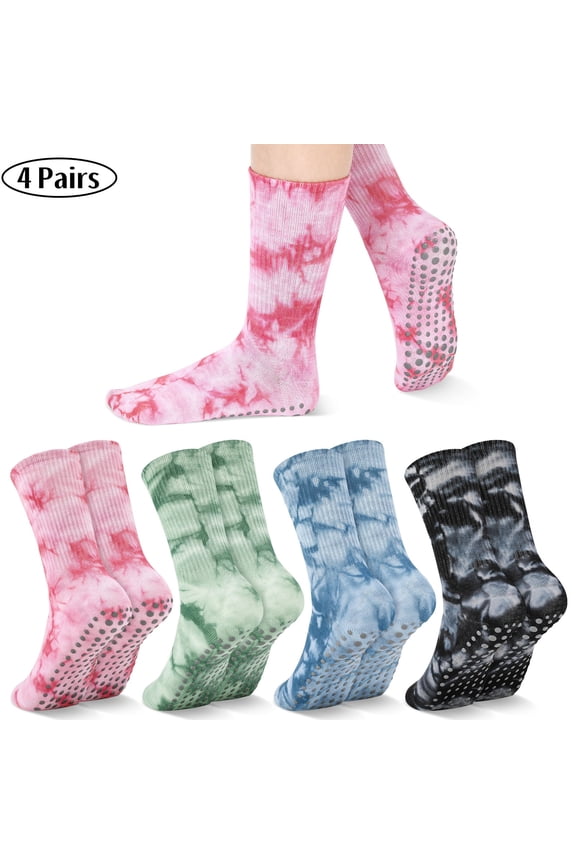4 Pairs Women's Non Slip Grip Socks - Secure Non-Skid for Yoga, Pilates, Barre, Hospital, Tie-Dye Crew Socks - Fits US Size 6-8