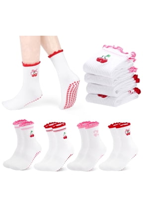 4 Pairs Pilates Grip Yoga Socks for Women, Non-Slip Ruffle Edge Fruit Socks, Grippy Lettuces Socks with Red Lace Cherry, Anti-Skid Athletic Sticky Socks for Pilates, Yoga, Gym, 5-9